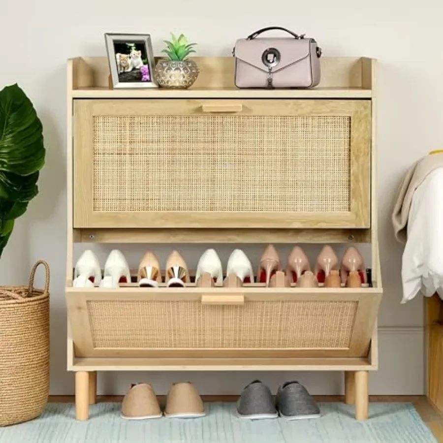 Entryway shoe cabinet with rattan flip drawers, free-standing 2-tier slim organizer, large top board, 3-gear adjustable width d