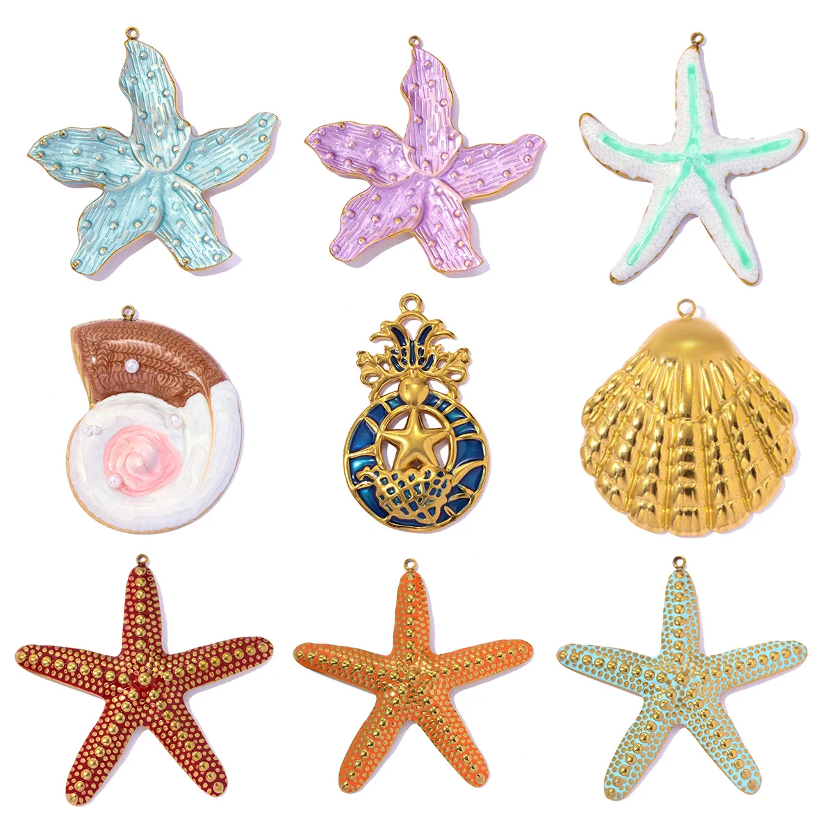Lot de 3 Breloques Étoile de Mer en Acier Inoxydable Émaillé Grandes, Pendentifs Coquillage Conque pour Colliers, Bijoux Étoile pour Femme, Vente en Gros