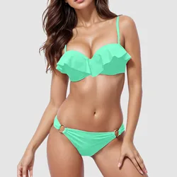 2024 New Ruffle Push Up Women Bandeau Swimsuit Female Swimwear Low Waist Bikini Set Solid Color High Cut Bathing Suit Beach