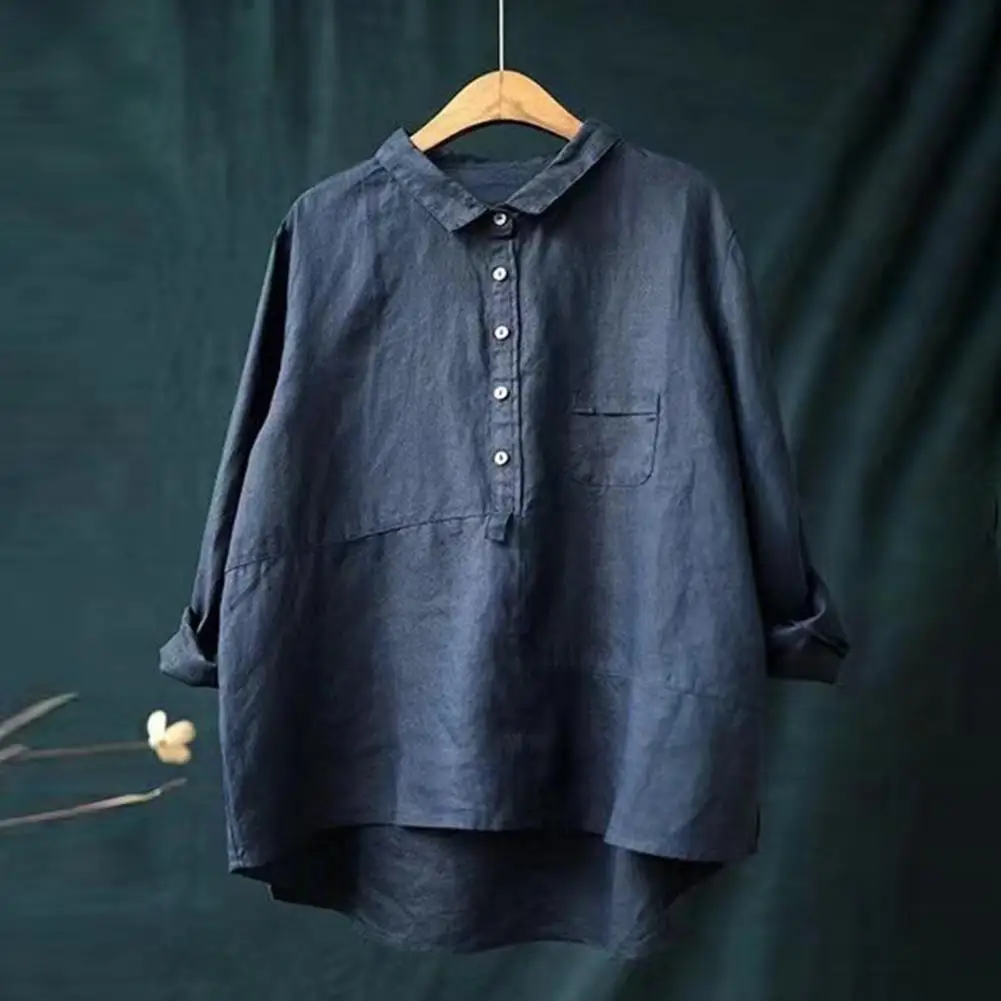 

Comfortable Women Blouse Stylish Women's Turn-down Collar Long Sleeve Shirt with Patch Pockets Buttons Casual Loose Fit Solid