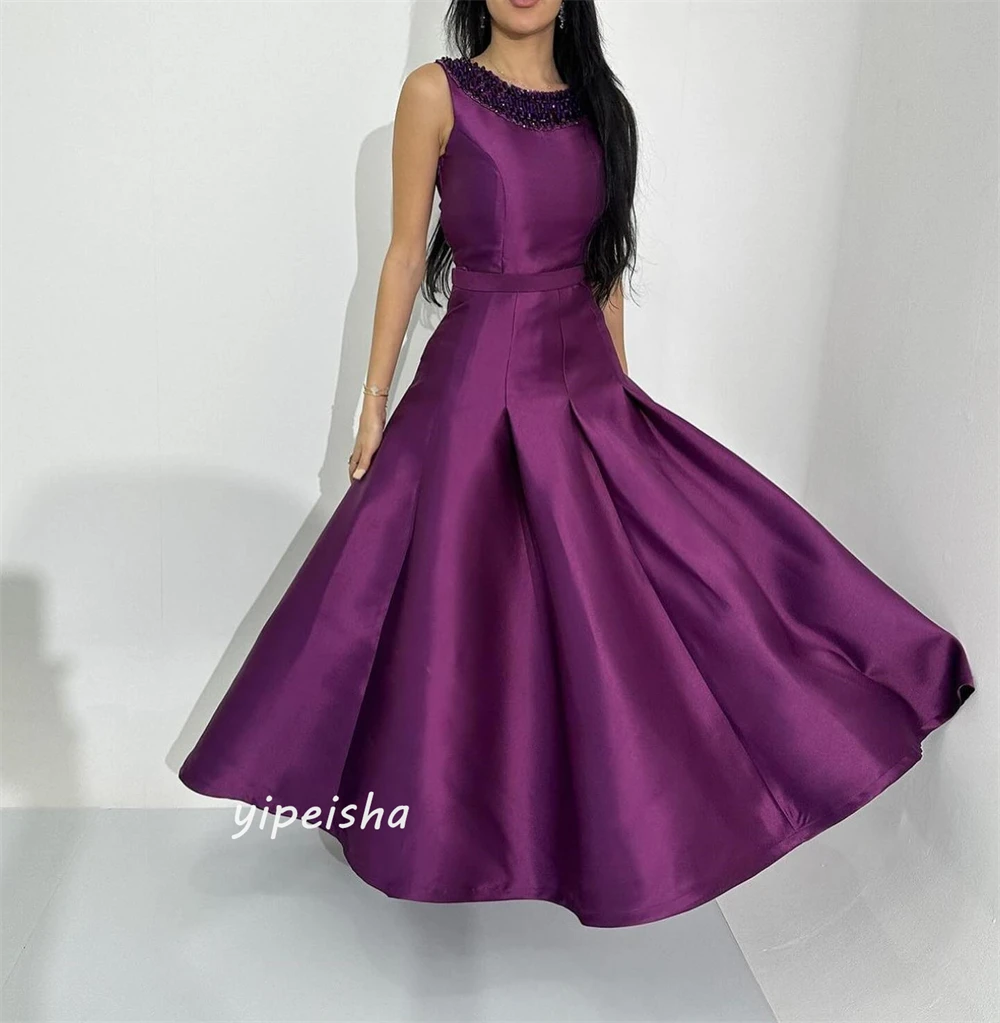 Jiayigong  Satin Draped Beading  A-line O-Neck Bespoke Occasion Gown Long Sleeve Dresses