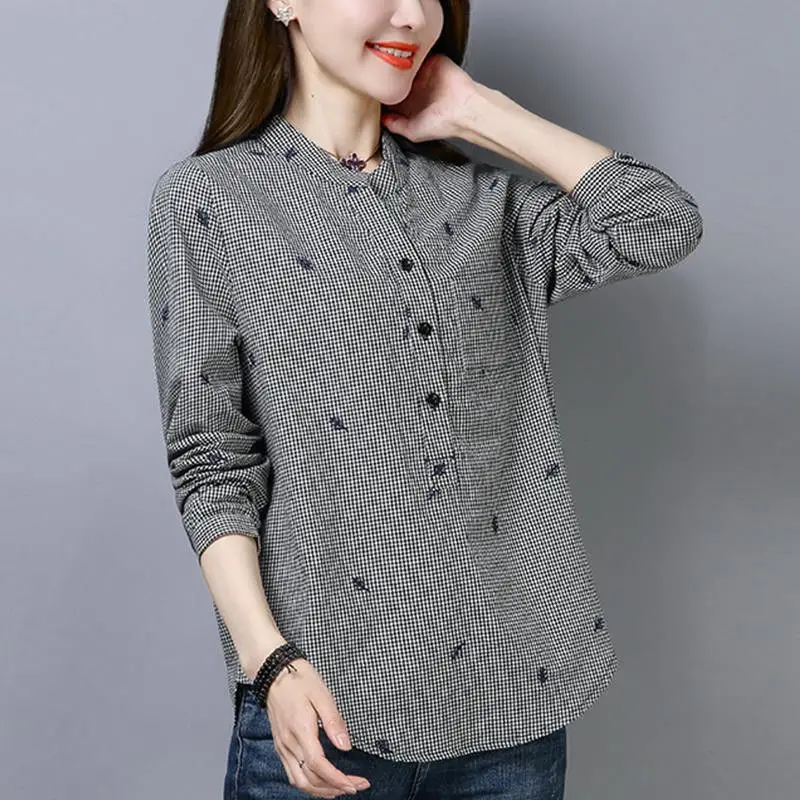 Spring and Summer Women\'s Plaid Shirt Long-sleeved Korean Version Loose Standing Collar Single Breasted Fashion Casual Commute