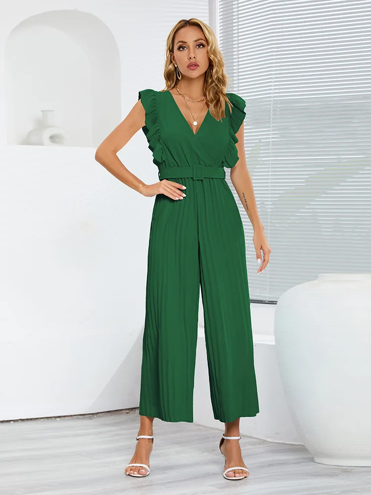 

Sexy V-ne Pleated Wide Leg Pants High Waist Polyester Fabric Thin Model Nine Points Summer 2023 Collection Chinese Made