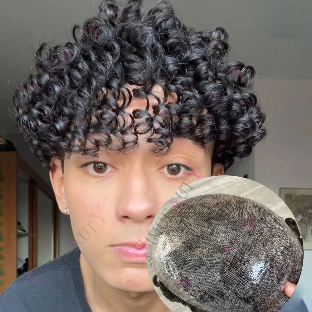 دائم كامل الجلد بولي 18 مللي متر مجعد الأسود الحاجب الرجال خصلات شعر خط الشعر الطبيعي شعر الإنسان الرجال شعر مستعار نظام الاصطناعية الشعرية