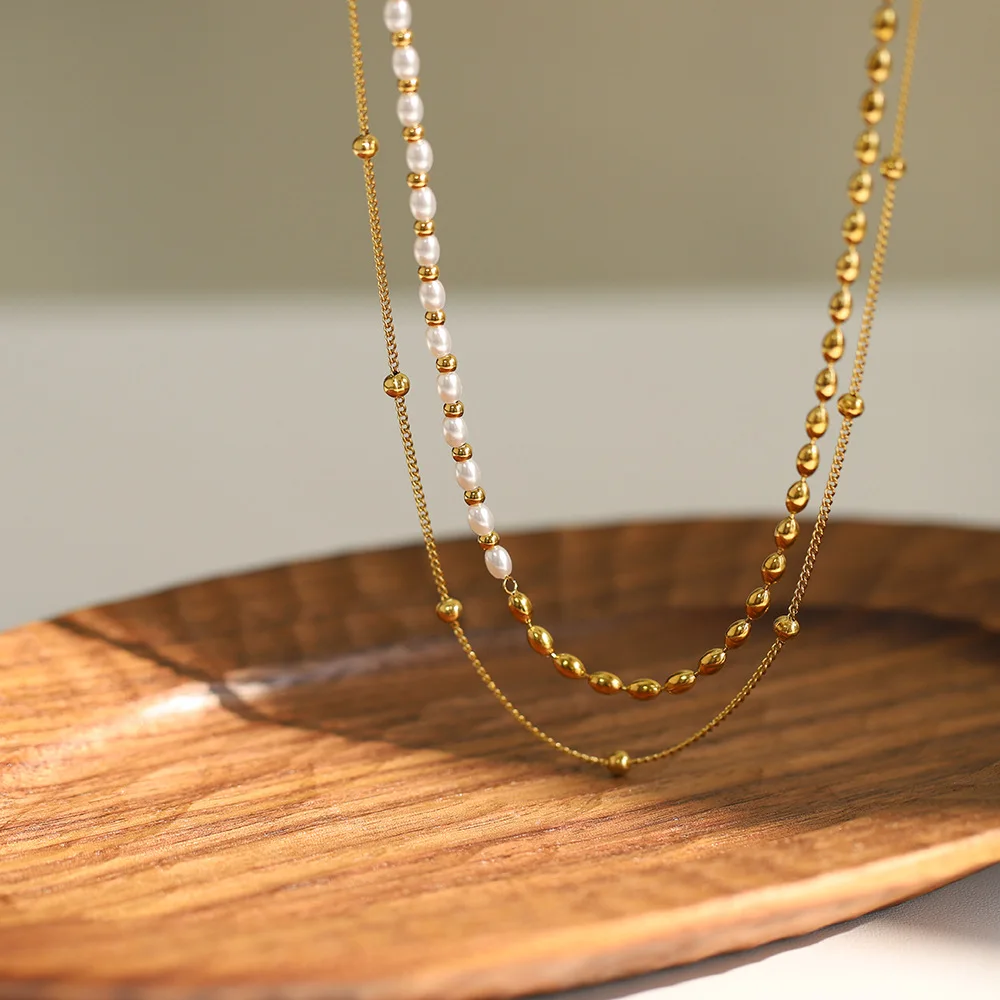 Stylish Layered Chain Stainless Steel Necklace 18K Gold Plated Texture Waterproof Trendy Korean Imitation Pearl Chain Jewelry