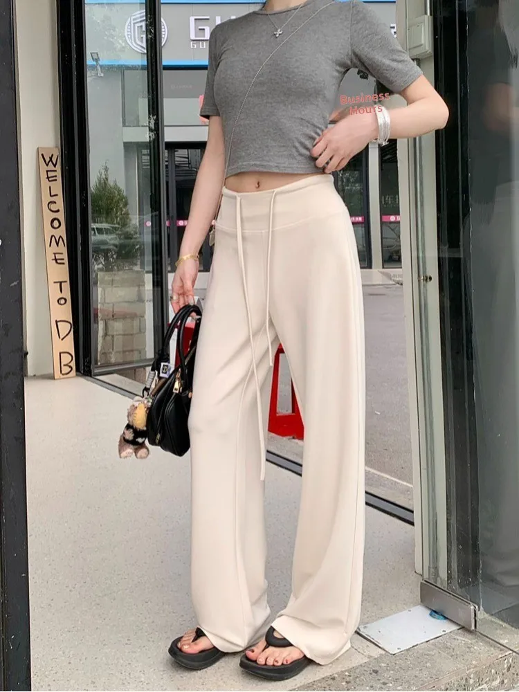 

Женские повседневные брюки Kumikumi, весна 2026, с завязками, струящиеся, прямого кроя, в пол, однотонные, универсальные, стройнящие