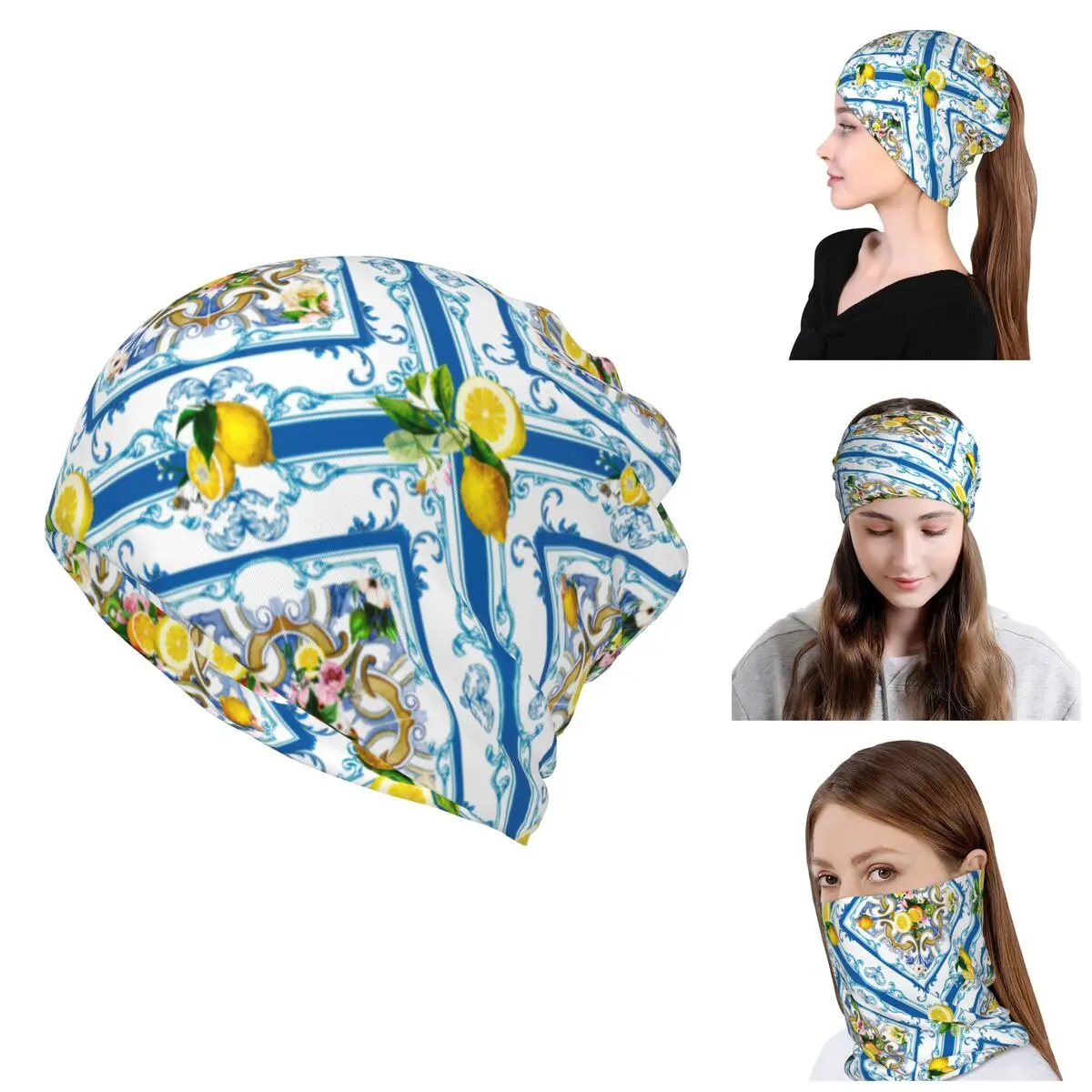 Custom Mediterranean Lemons Sicilian Tiles Skullies Beanies Caps Bandana Neck Gaiter Face Scarf Cover Headband Tube Balaclava