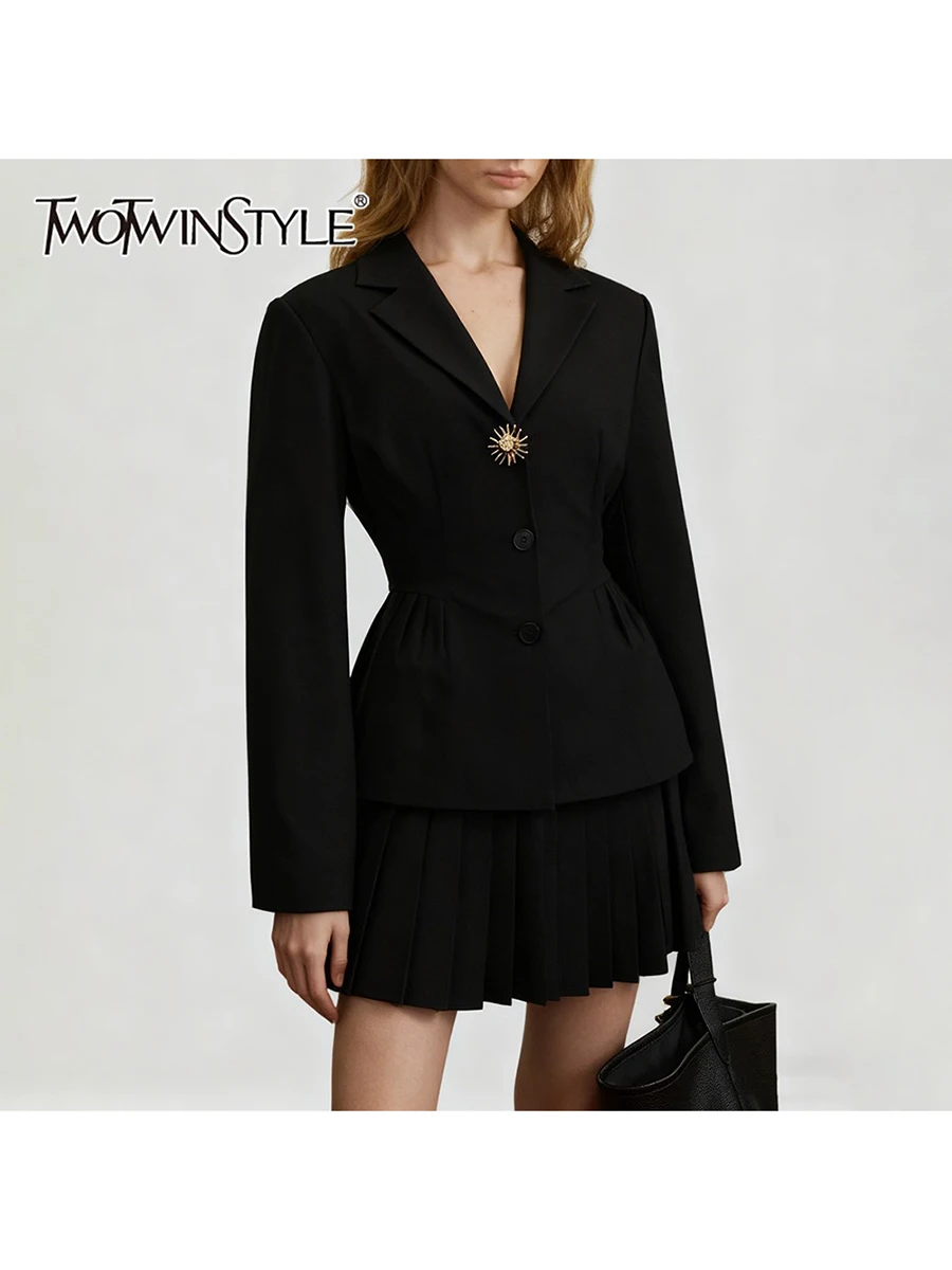 

TWOTWINSTYLE однотонный утягивающий блейзер с металлическими пуговицами для женщин, туника с лацканами и длинными рукавами, минималистичные блейзеры, женская одежда, новинка