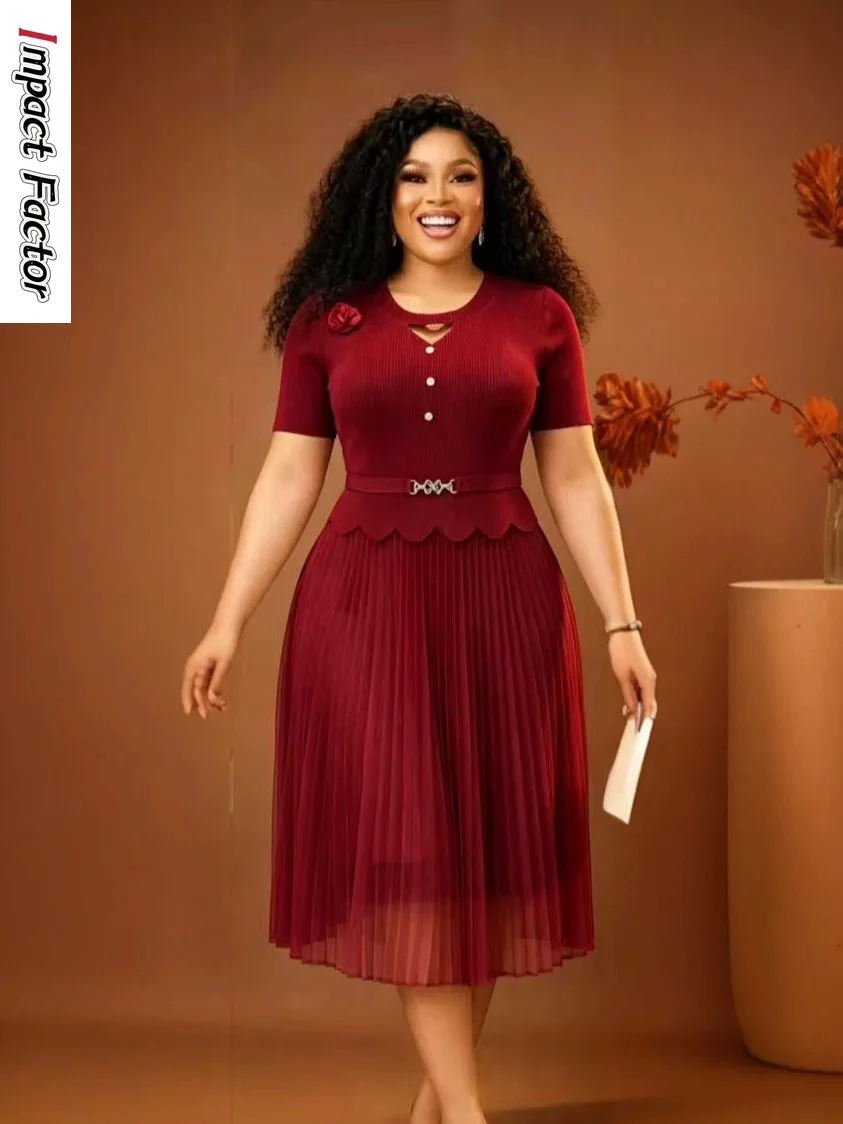 

Summer 2026 Fashion Pleated Crew Neck Splicing Slim Skinny Dress Medium and Long Pleated Dress Women's Clothing