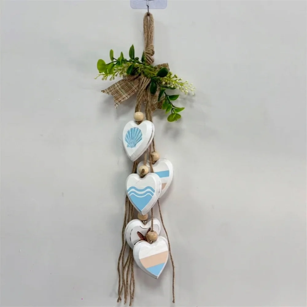 Rustic Farmhouse Wooden Heart Wall Hanging Distressed Fall Maple Leaf Heart String Pendant Eucalyptus Bow Nautical Style