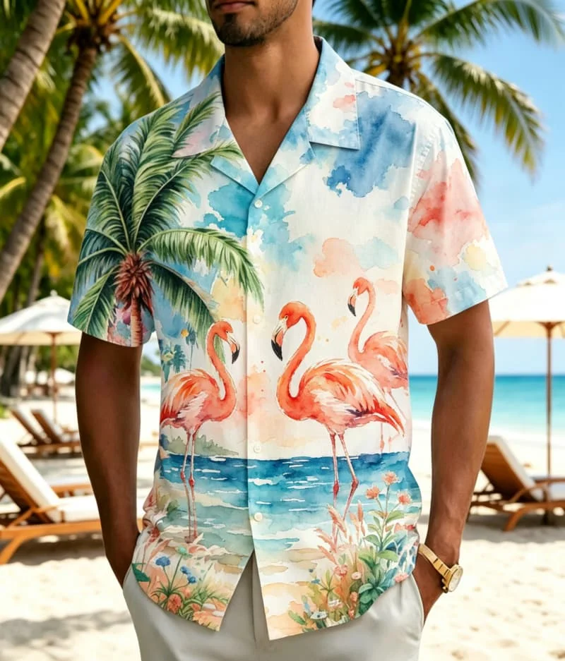 Men's watercolor-style tropical floral print shirt, suitable for summer vacations, beach trips, daily commuting, and casual wear