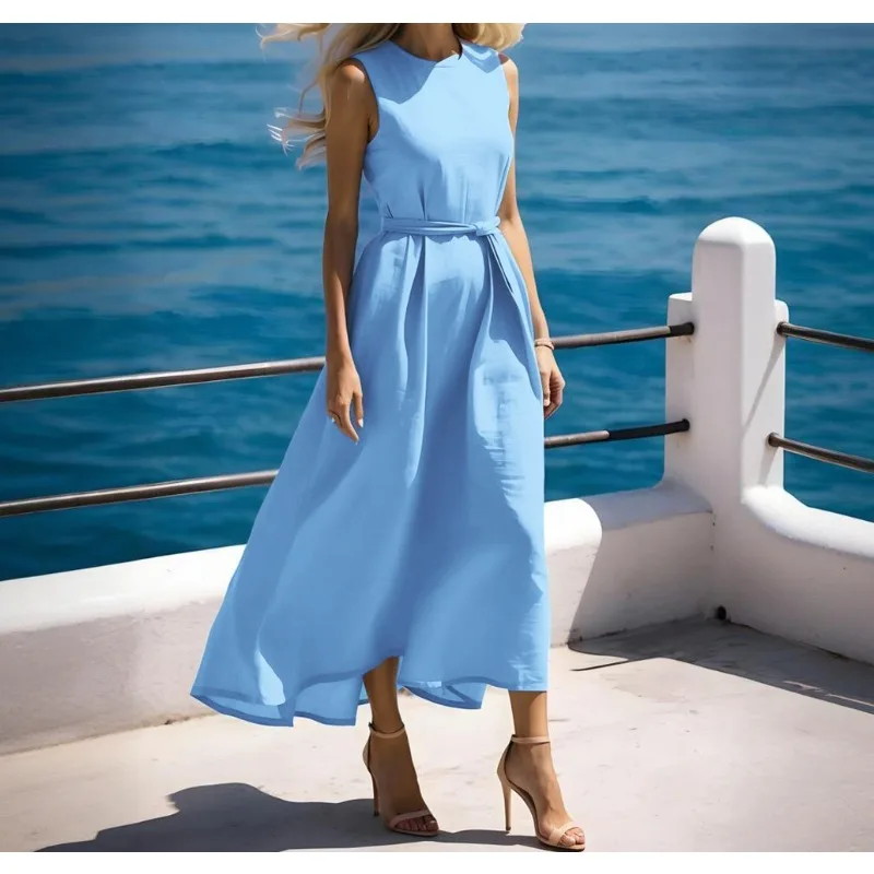

Elegant Long Dress Women 2025 Summer Spring High Waist Pleat Dresses Casual Sleeveless O Neck Long Beach Solid Lace Up Skirt