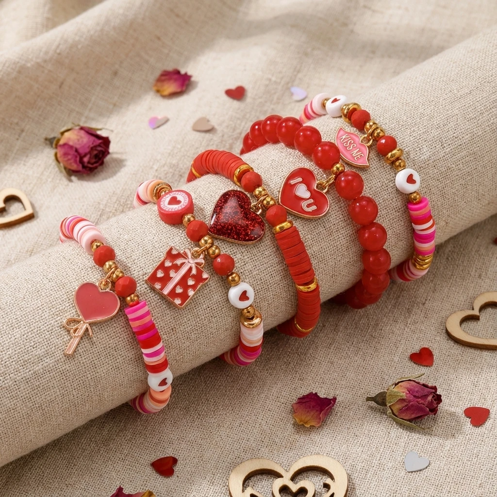 5-teiliges Set Rote Herz-Polymer-Clay-Armbänder für Frauen Modische Goldfarben Beschichtete Charm-Stapelbare Perlenarmbänder Valentinstag-Schmuck – Detail 5