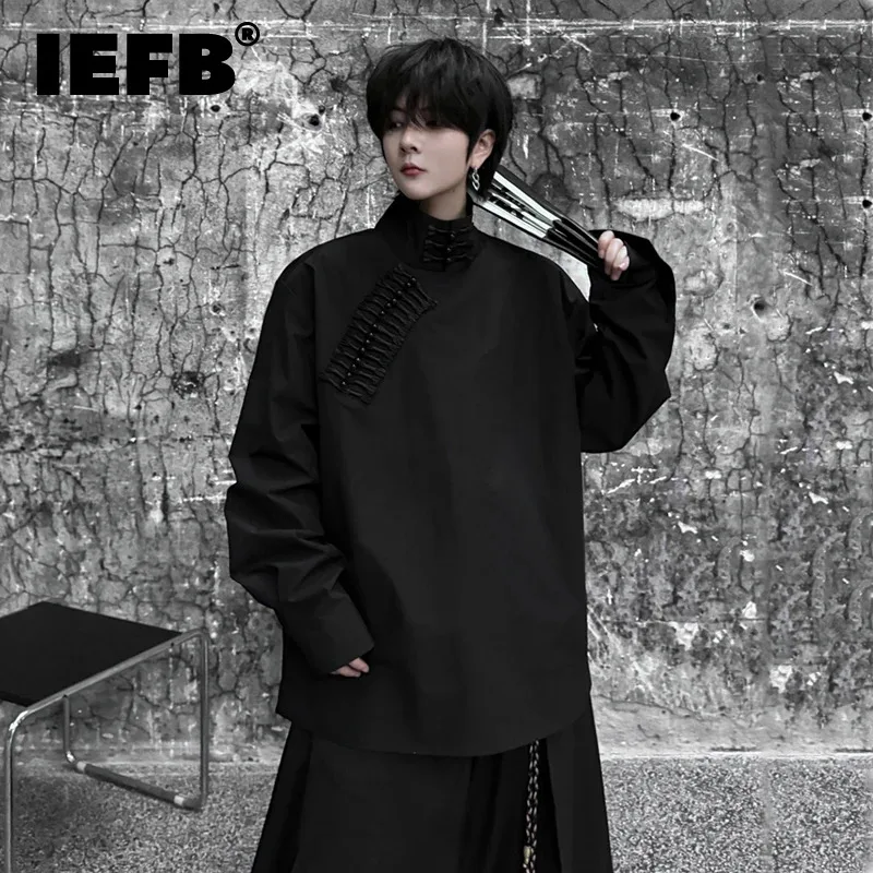 

IEFB Men's Shirt New Chinese Design Disc Buckle Trend Loose Stand Collar Long Sleeve Male Top 2024 Summer Stylish 9C5540