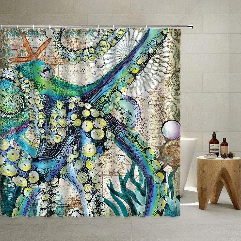 Octopus Shower Curtain Vintage Sea Wildlife Monster Kraken Tentacles Art Print Bathroom Accessories Ocean Theme Room Decor