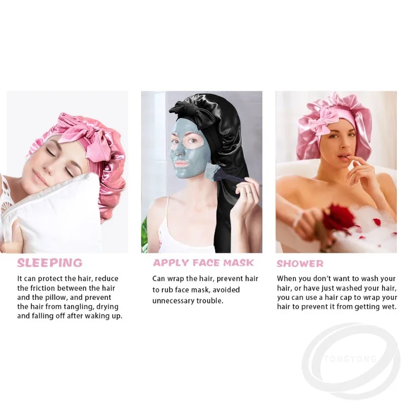 Дышащая шапочка для сна, тюрбан, головной убор для сна, банданы, женские длинные эластичные атласные шапочки большого размера с лентой