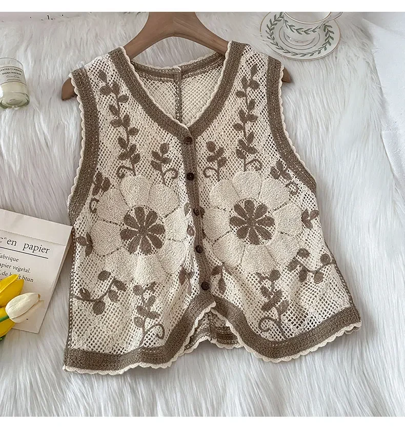 Embroidered Floral Crochet Vest for Women Openwork Button Front Sleeveless Jacket Tanks Female Summer Vintage Fairycore Outfit