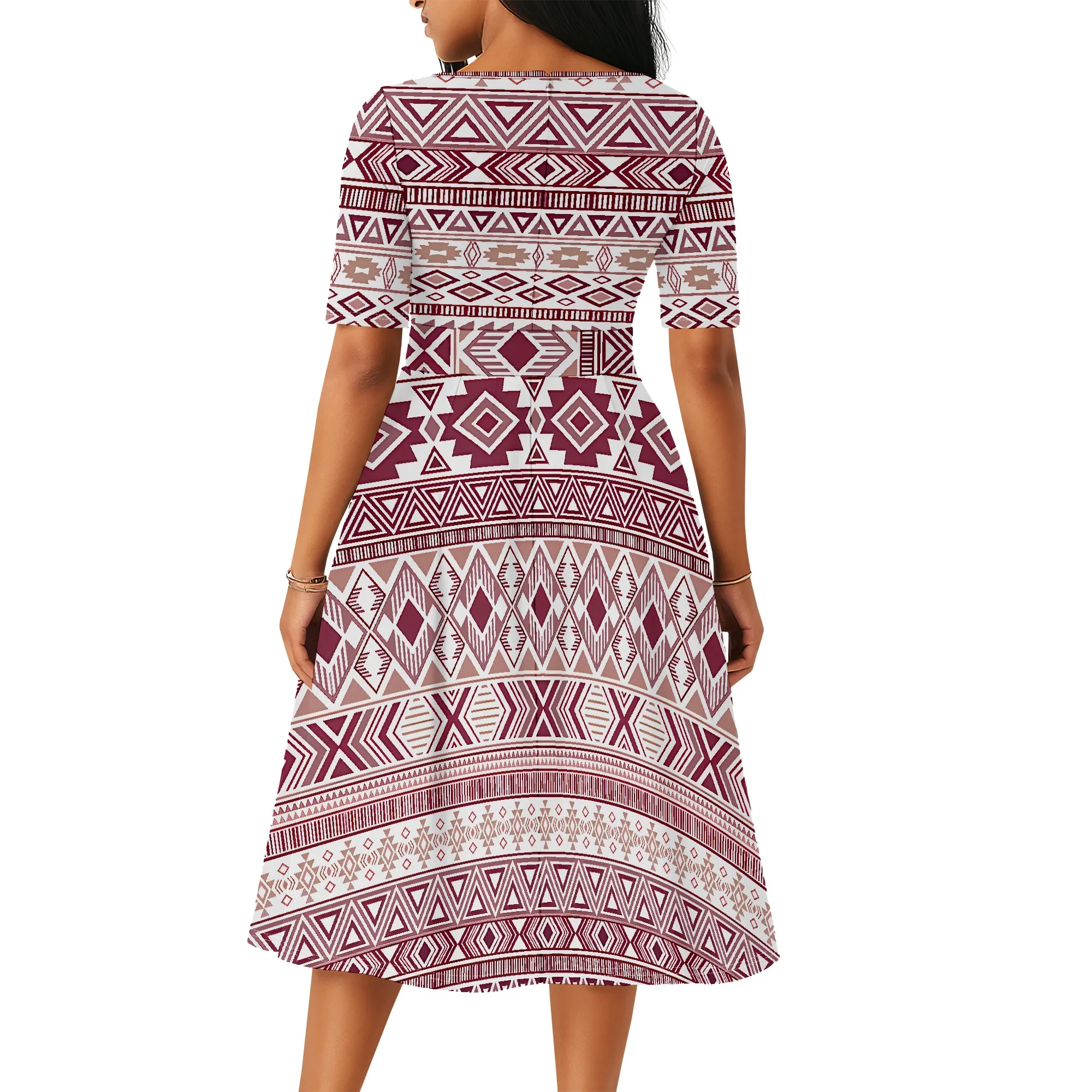 EQQZD Short Sleeve Crew-Neck Dress with Pocket & Belt, Boho Style Pattern Print Dress for Women