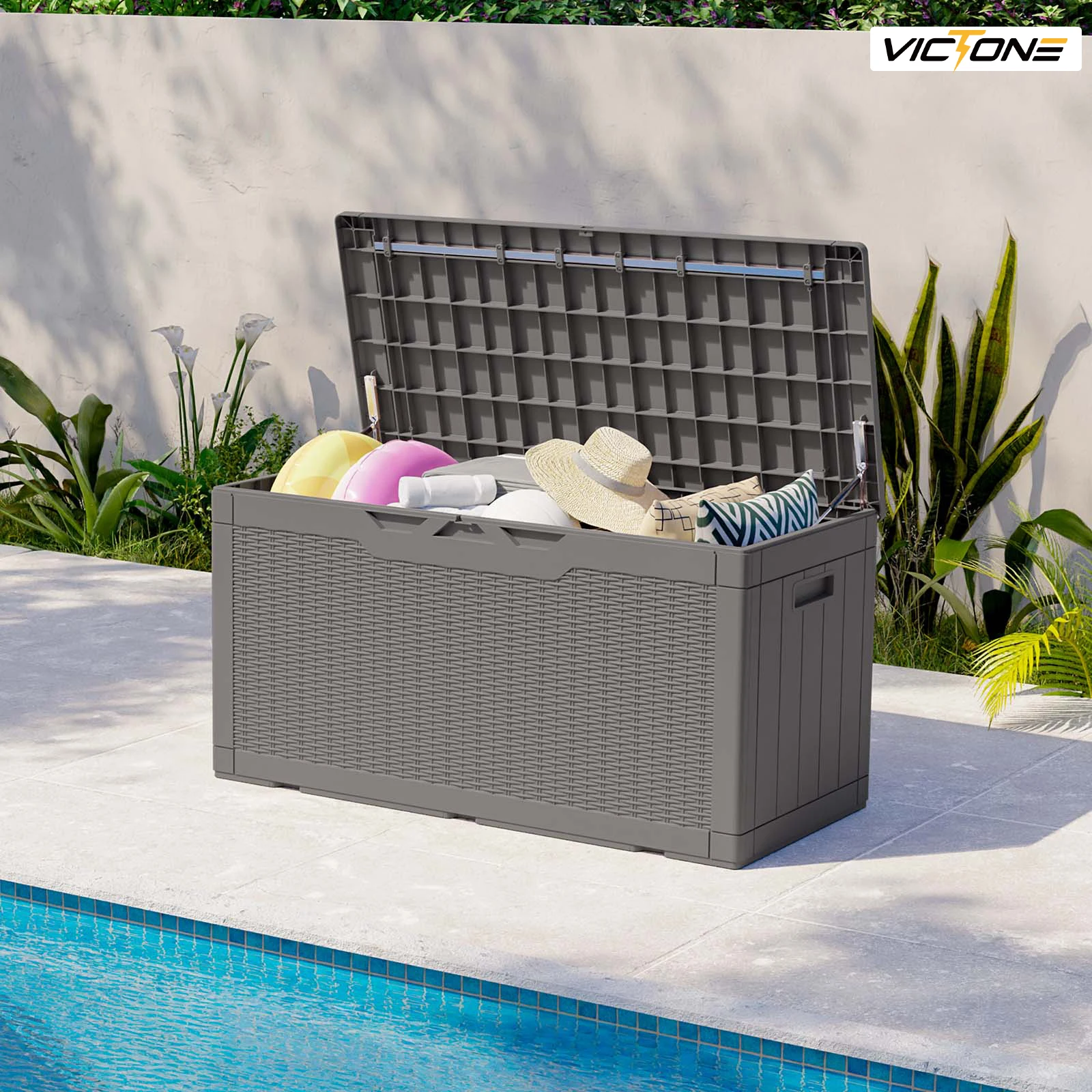 

Victone 100 Gallon Resin Deck Box, Waterproof Large Outdoor Storage Box with Padlock for Patio Furniture Toys and Garden, Grey