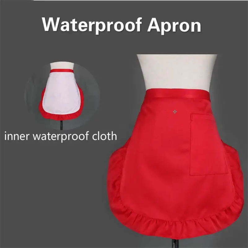 Solid Color Waterproof Half Short Waist Apron Women Cute Frilly Pockets Chef Cafe Server Waiter