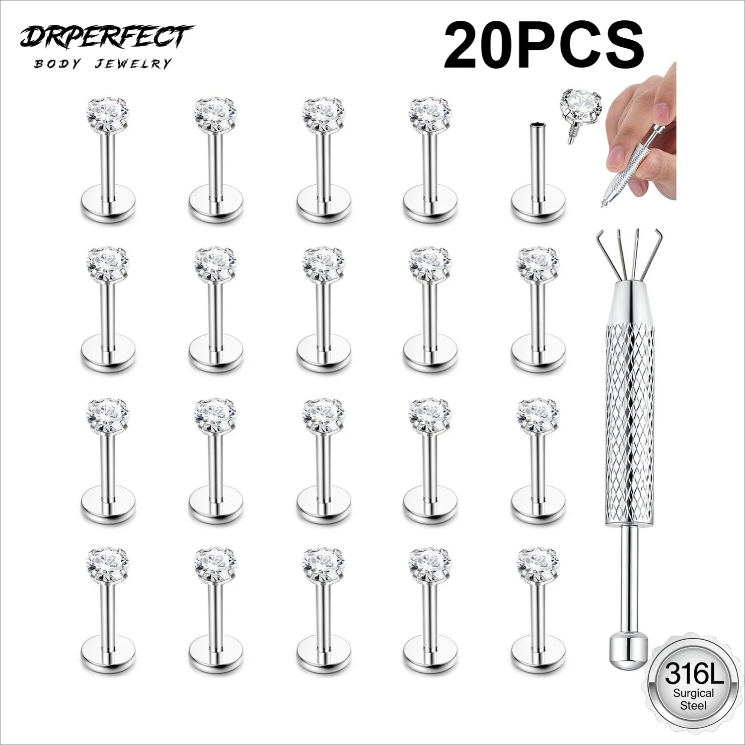 Drperfect 20 Stück Flache Ohrstecker Nasenpiercings 316L Chirurgenstahl Labret Nasenstecker Tragus Knorpel Helix Lippen-Piercing Schmuck