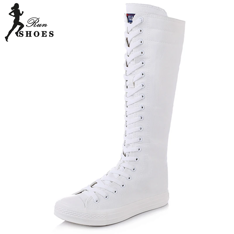 New Fashion Women Canvas Boots Spring Autumn Casual Shoes High Top Long Knight Boots Lace-Up Zipper Comfortable Flats Sneakers