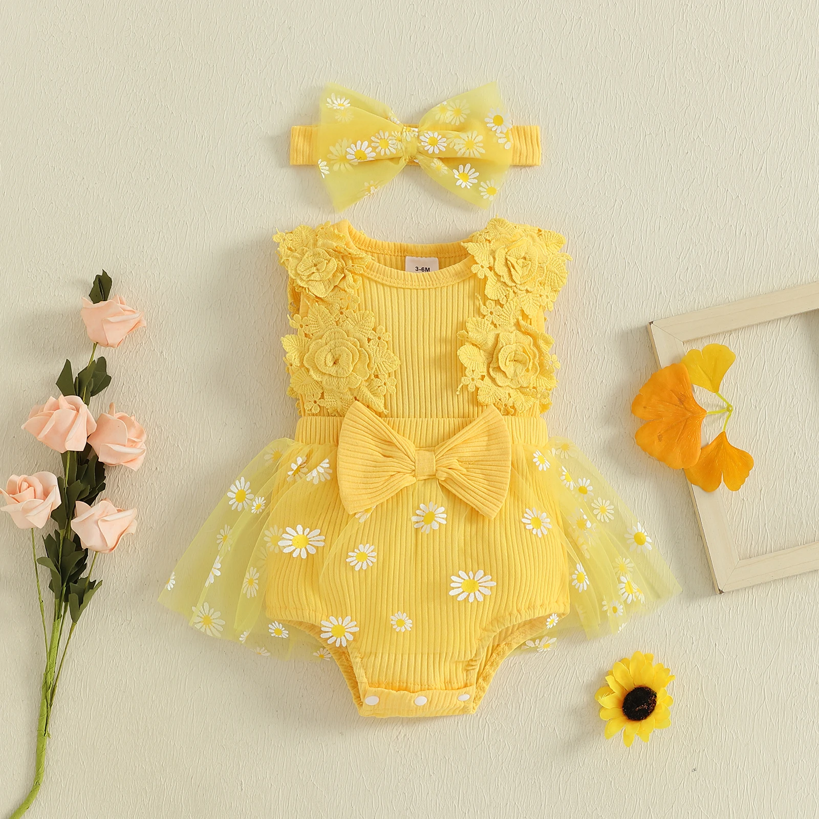 

VISgogo Baby Girls Romper Dress Summer Floral Embroidery Mesh Jumpsuit and Headband Set Fashion Clothes Outfits