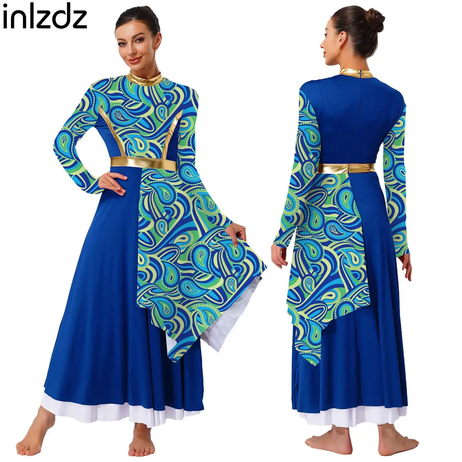 

Womens Praise Worship Dance Performance Dress Tunic Long Sleeve High Waist Asymmetrical Dresses for Lyrical Modern Dance Clothes