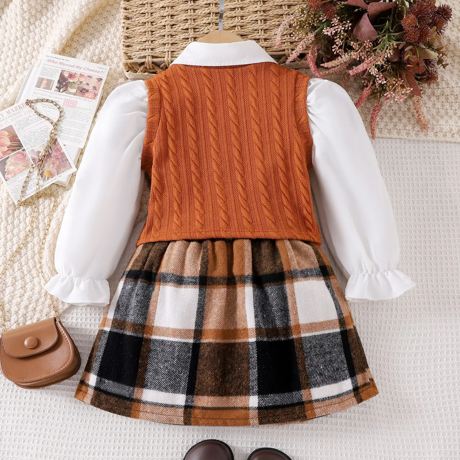 Europe and the United States autumn  winter girl suit long-sleeved shirt + knitted waistcoat + bow plaid skirt three-piece set