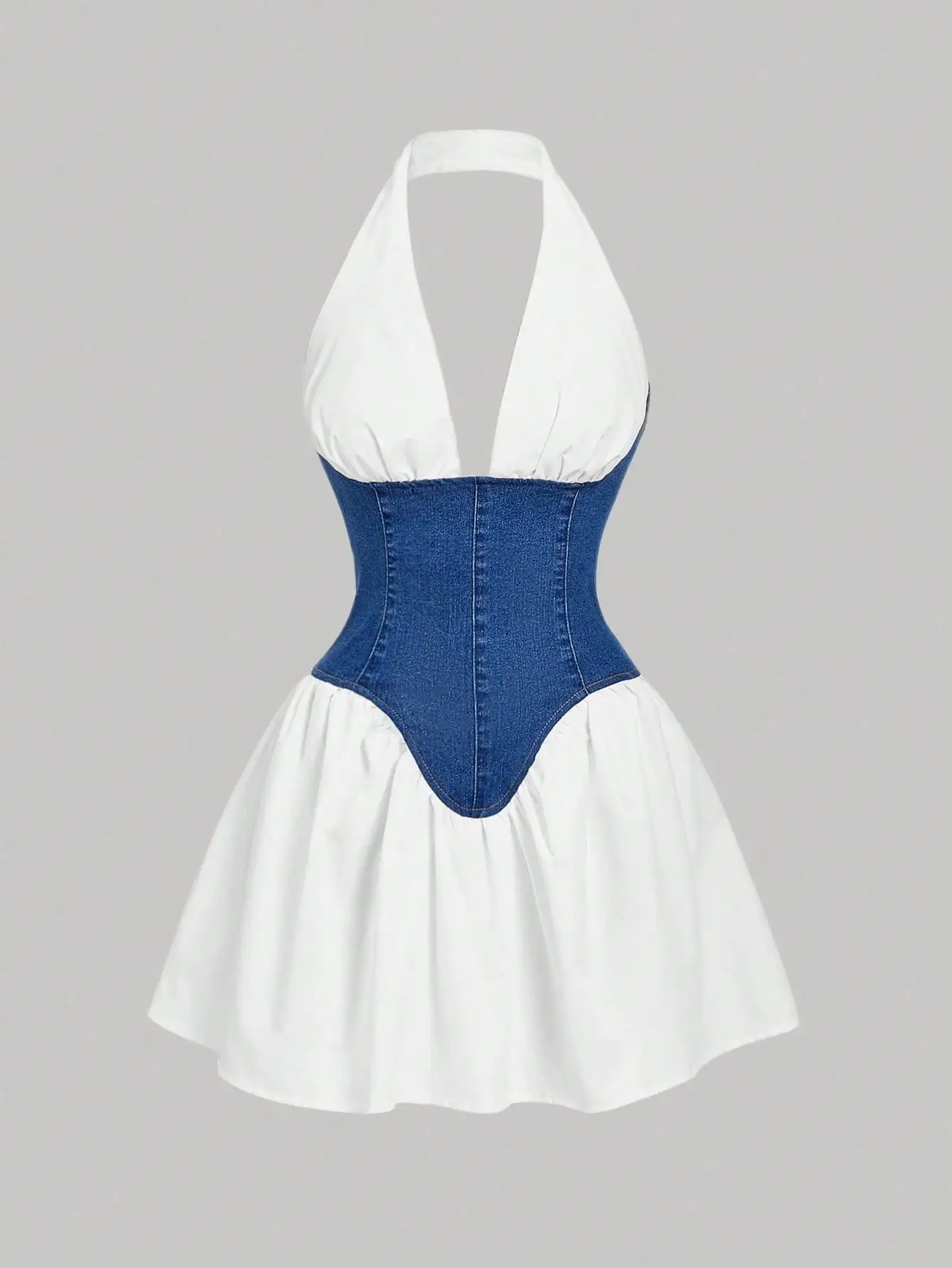 

Women's Color Block Halter Neck Denim Corset Dress with Flared Skirt