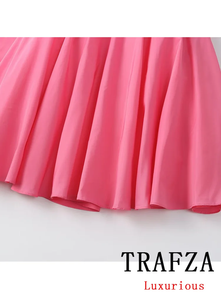 TRAFZA Vintage Casual CHic Women Dress Pink Solid Cami Ruffles Bow Zipper Short Vestidos Fashion 2024 Summer Dress