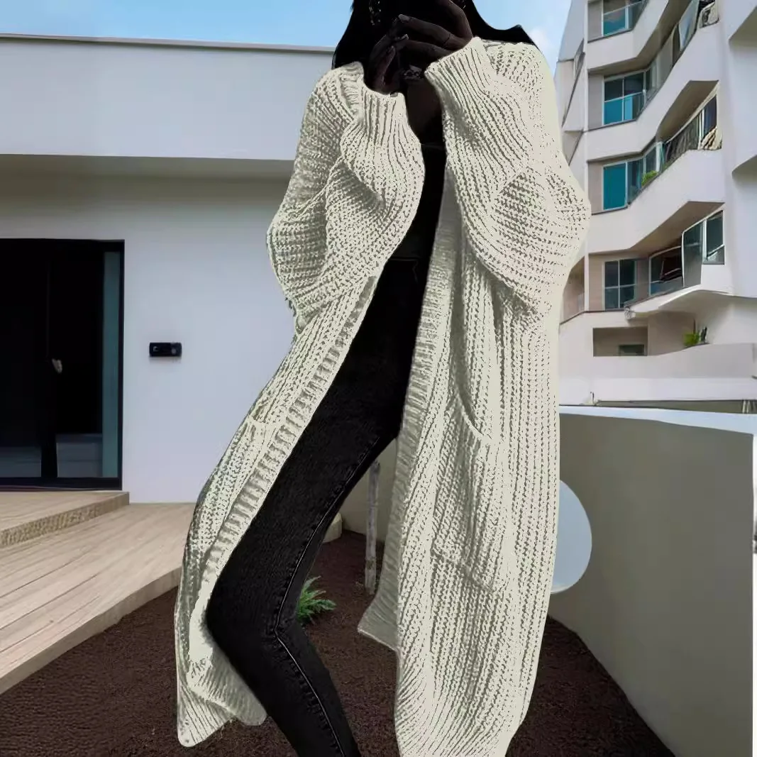 Solid Color Casual Knit Sweater Long Cardigan Coat, Women\'s Autumn and Winter New Lazy Loose Long Knitwear Coat with Pockets,y2k