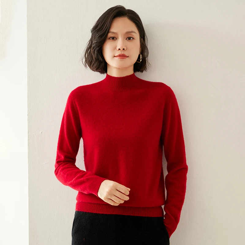 First-Line Ready-To-Wear Half High Collar 65% Wool 35% Cashmere Sweater Women\'s Top Ultra Light Soft Knit Jumper Autumn Winter