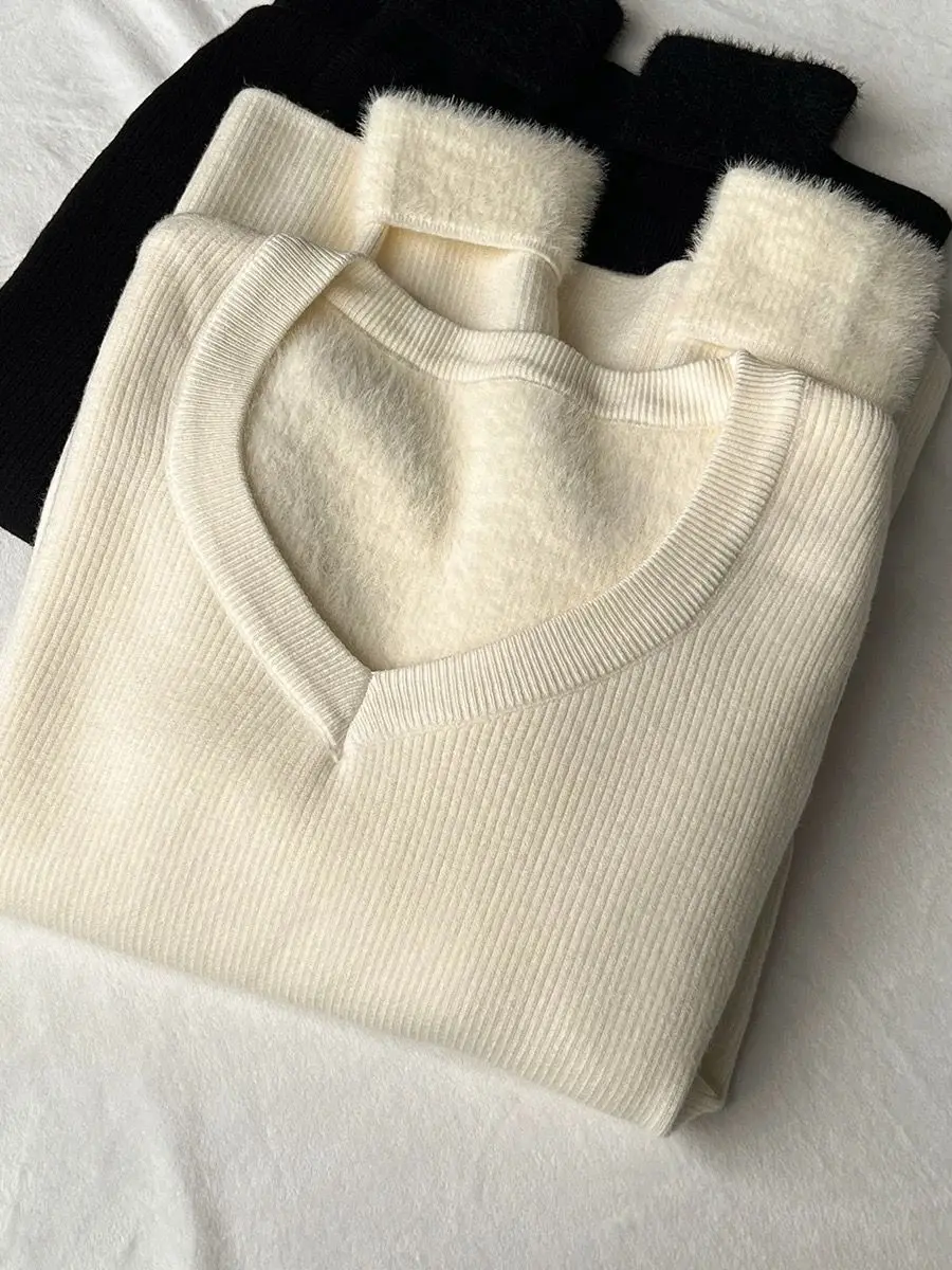 Maglione lavorato a maglia con scollo a V da donna 2025 - Pullover invernale foderato in pile con maniche lunghe, top termico slim fit per stratificazione, peluche caldo Tu