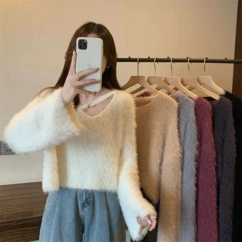 

Fox Fur Simulation Knitwear Gentle Style Base Soft Short V-Neck Knitted Sweater Women's Autumn Winter Loose Fit Milk Series