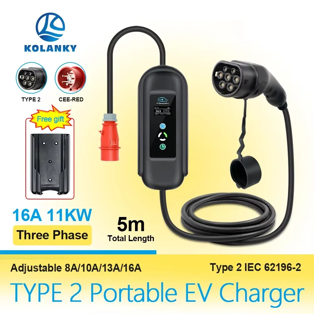 8/10/13/16A 11KW Portable EV Charger Type 2 IEC-62169 Plug Adjust Current Timer Charging Eletric Vehicle Hybrid Cars Cable 5M