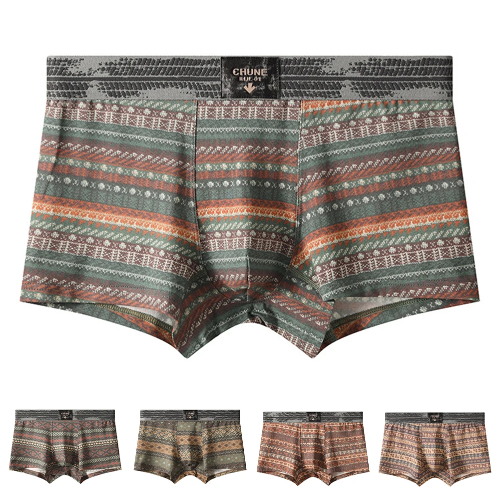 

Men Vintage Printed Cotton Boxer Shorts Breathable MidRise Underwear Trunks Soft Material Comfortable for Daily Wear