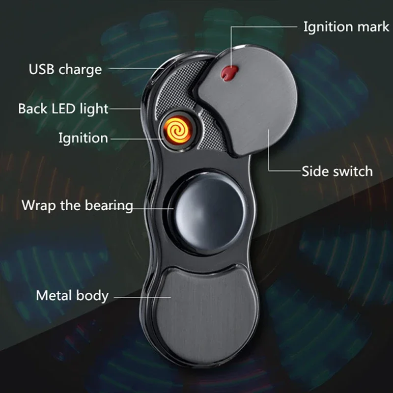 Hand Spinner USB Electric Lighter 7 LED Strips Fidget Spinner Plasma Arc Lighters Metal Windproof Tungsten Turbo Pulsed Lighter