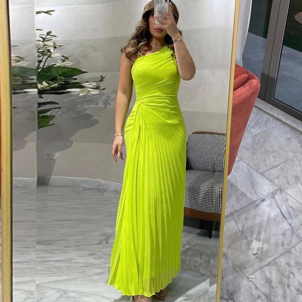 

Chiffon Formal Party Dress 2022 Women One-Shoulder Pleat Mermaid Long Evening Gowns Floor Length Simple Sexy Wedding Guest Dress