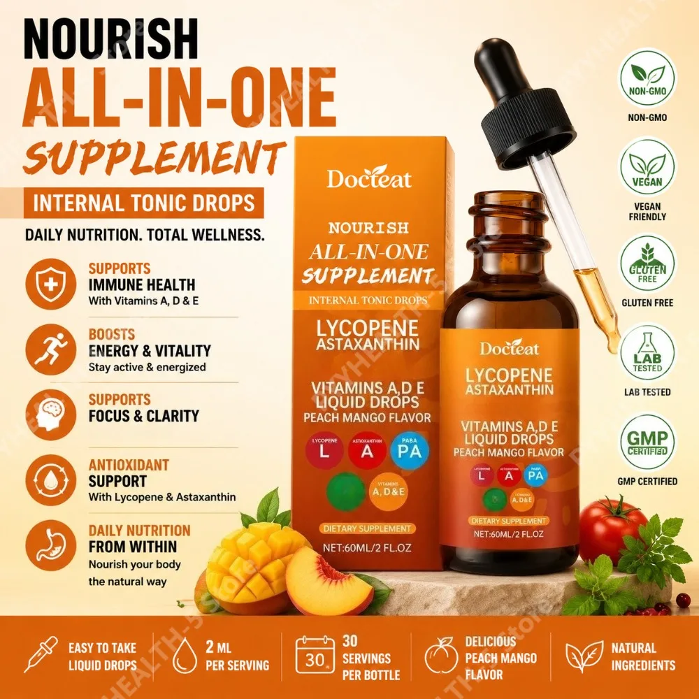 

Docteat Skin Support Drops with Lycopene & Astaxanthin, Vitamins A D3 E Maintenance of Facial Skin Peach Mango Flavor, 60ml