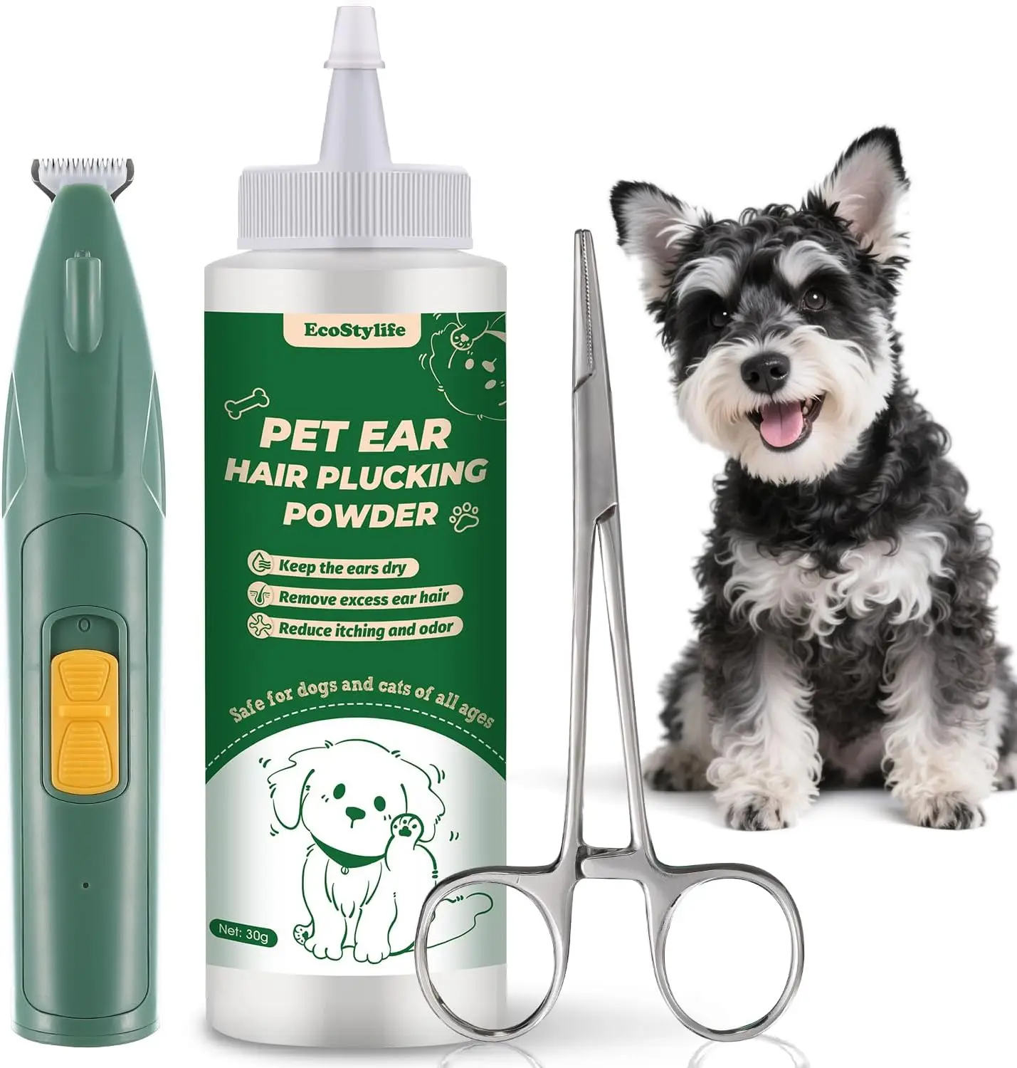 Herramienta para Eliminar el Pelo de las Orejas de Perros con 30g de Polvo, Pinza Hemostática de 5.5 Pulgadas y Recortadora Eléctrica para Reducir la Cera y el Olor en Schnauzers y Poodles