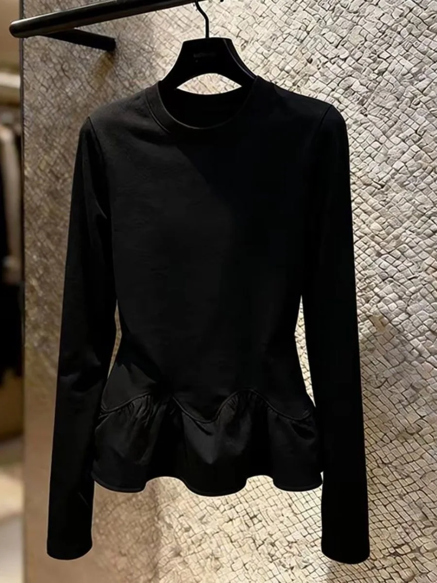 Grey Slim Fit Top with Lace Trim Waist-Cinching Design Commute Style Long Sleeve round Neck Bottoming Shirt Women's Fashion