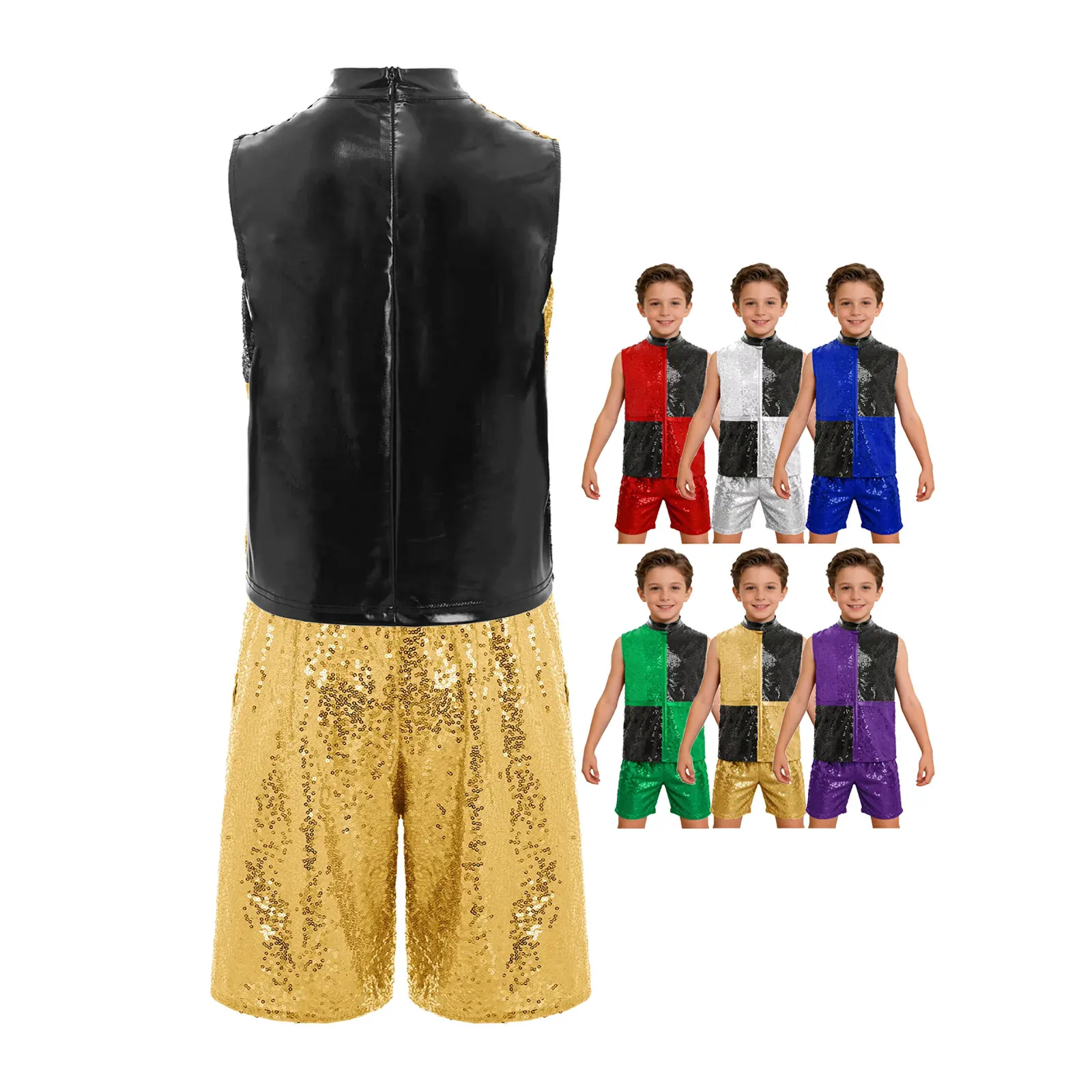 

Kids Boy Sparkly Sequins Jazz Dance Performance Outfit Sleeveless Color Block Top+Shorts 2-piece Set for School Stage Show Party
