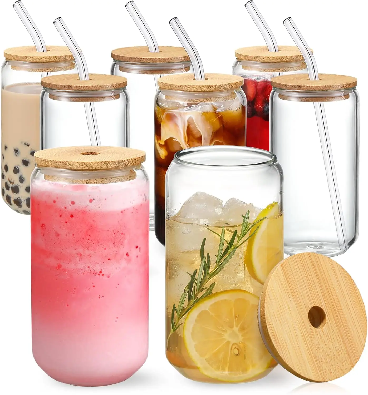 

[ 8pcs Set ] Drinking Glasses with Bamboo Lids and Glass Straw - 16oz Glass Cups, Beer Glasses, Iced Coffee Glasses, Cute