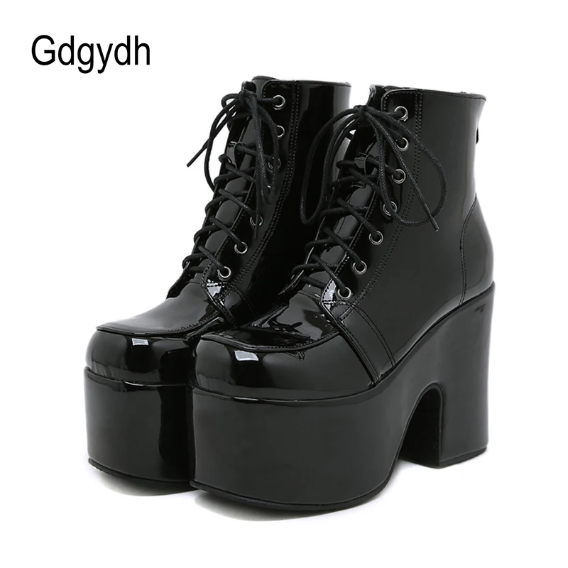 Gdgydh Women\'s Platform Chunky High Heel Lace Up Combat Boots Round Toe Black Patent Leather Goth Boots Knight Punk Big Size