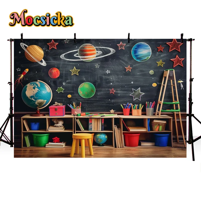 Mocsicka Graduation Season Photography Background School Party Chalkboard Planet Book Opening Season Kids Portraits Photo Banner