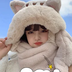 The New Korean Hooded Bear Lady Winter Lovely Fashion Big Fur Scarf Warm Thickened Soft Gloves Kitten Three-Pece Set