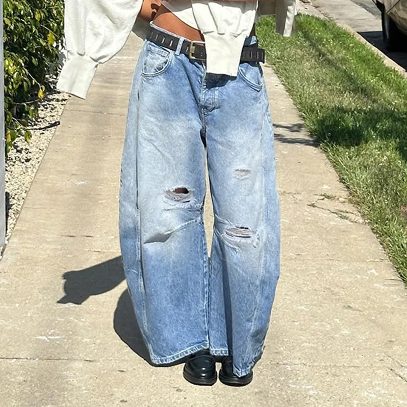 

Distressed y2k Blue Jeans Vintage 2000s Hollow Out Ripped Low Rise Baggy Denim Pants Korean Style Harajuku Women Trouser