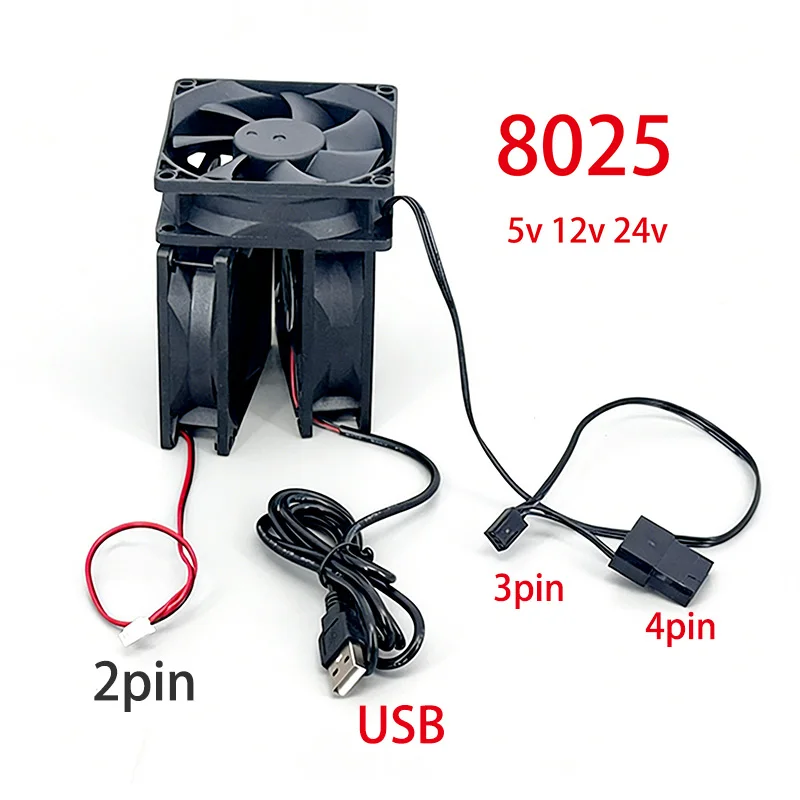 

8025 80x80x25mm DC Brushless Cooling Fan Oil Bearing 5V 12V 24V Quiet Cooler for PC Case CPU with 2Pin/3Pin/4Pin/USB Interface
