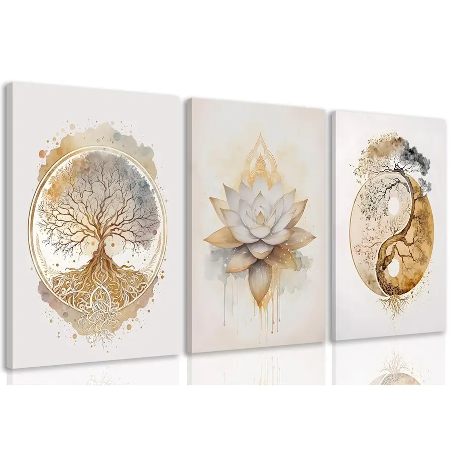 

Древо жизни Холст Настенный художественный набор из 3-х картинок Лотос Дзен Картина Настенный декор Абстрактный Инь Ян Осенний художественный постер Печать произведений искусства для